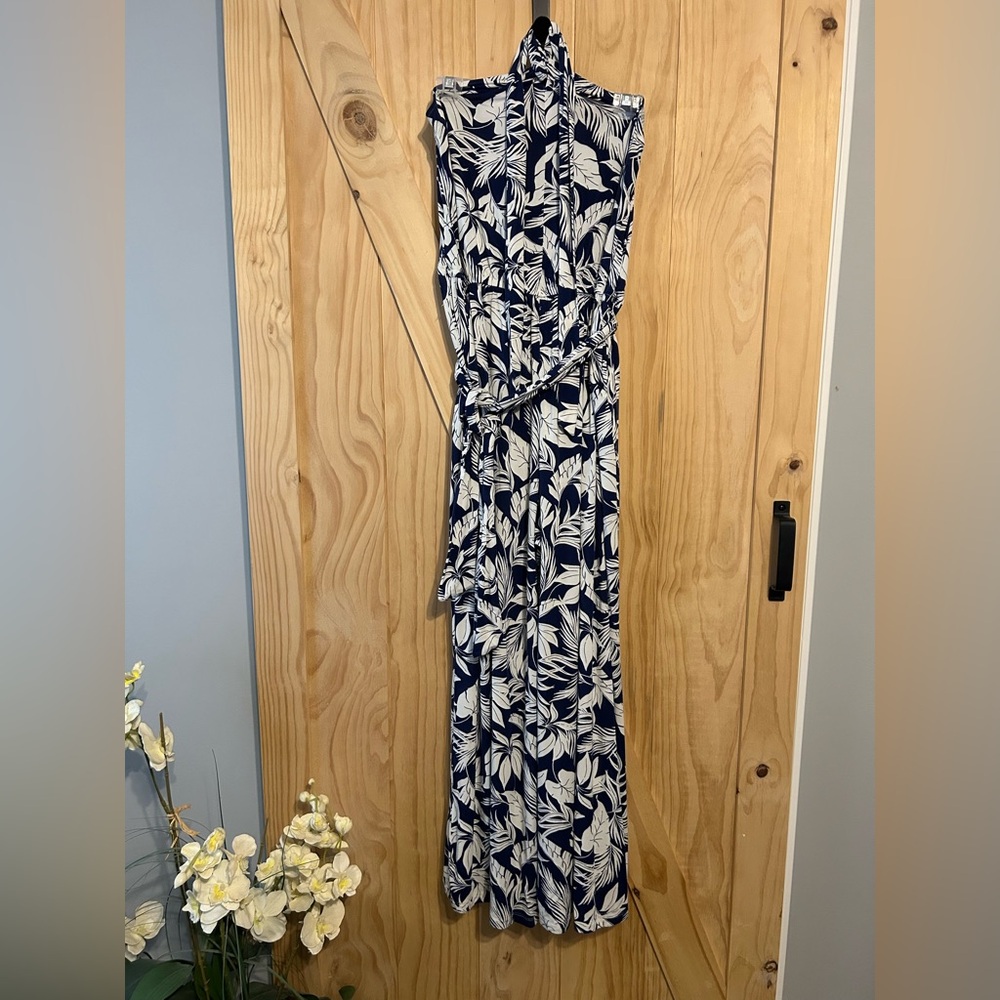 Navy and White Wide Leg Halter Style Leaf Print Maxi Dress with pockets